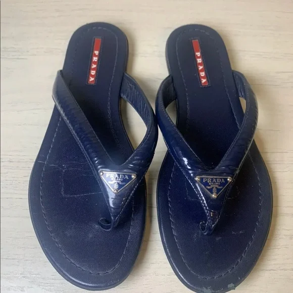 Prada | Shoes | Prada Logo Royal Blue Leather Flip Flat